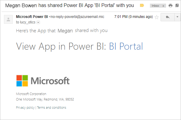 Captura de ecrã do e-mail que o utilizador convidado recebe quando a aplicação foi partilhada.