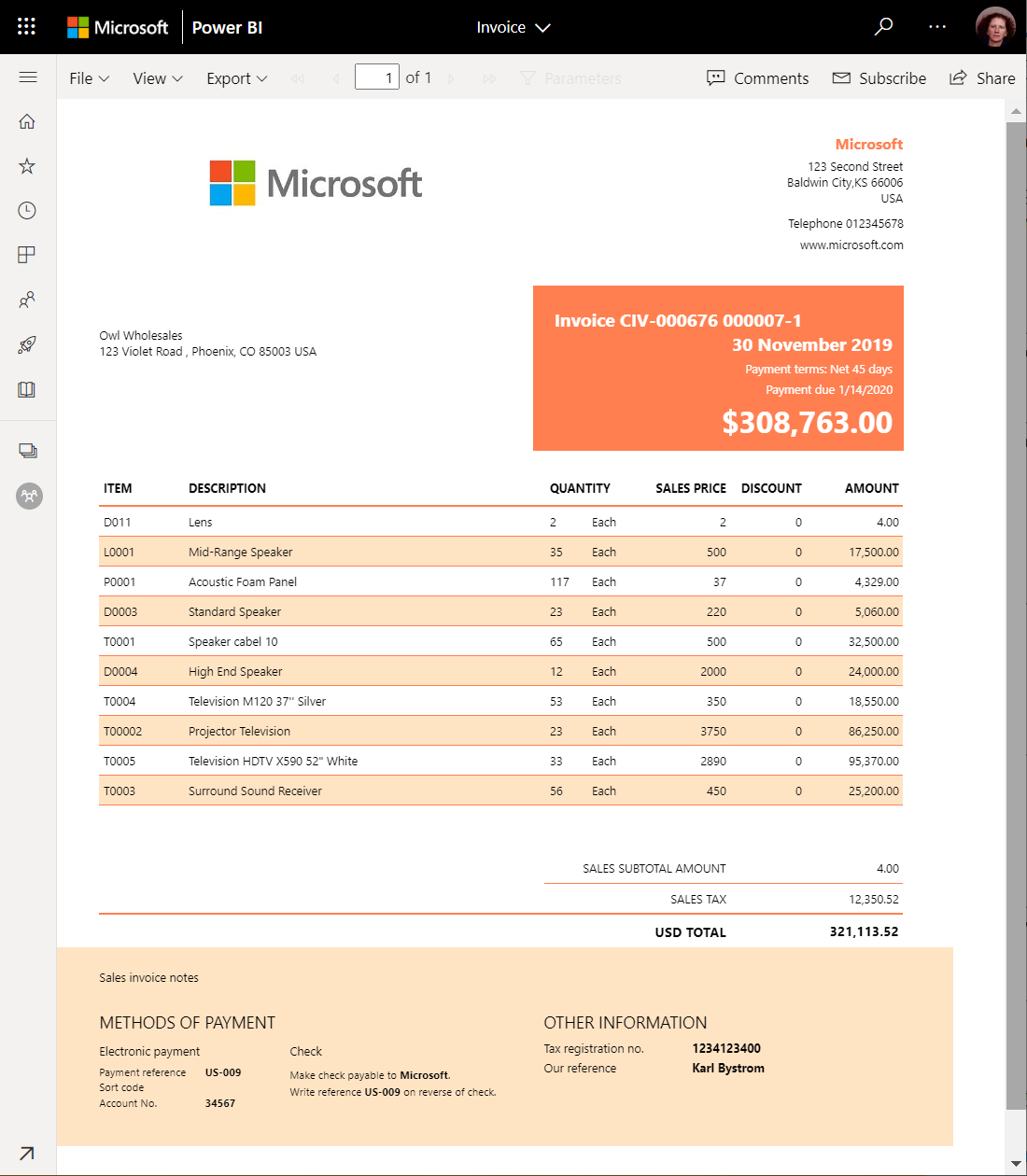 Screenshot of paginated report in the Power B I service.