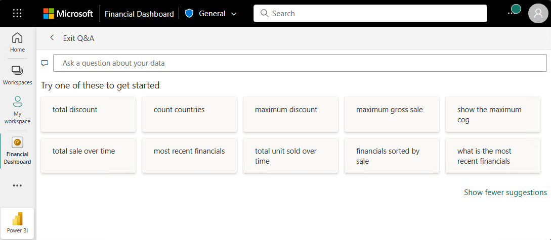 Captura de ecrã que mostra a vista expandida das Perguntas e Respostas com sugestões.