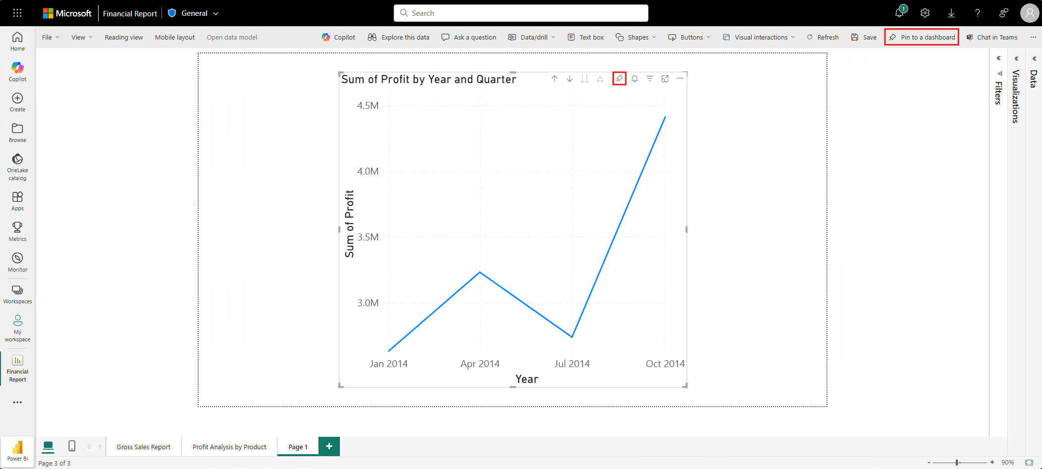 Captura de ecrã das opções de fixação num relatório.