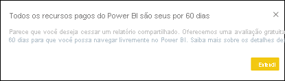 Captura de ecrã do serviço do Power BI a mostrar a caixa de diálogo de avaliação do Power BI.