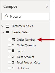 A imagem mostra o painel Campos e a tabela de fatos de vendas, que inclui o campo Número do pedido.
