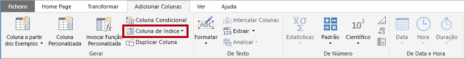 A imagem mostra o comando Criar coluna de índice no Editor do Power Query.