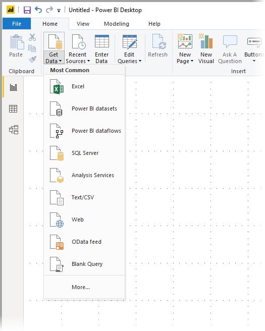 Captura de ecrã que mostra o item Obter dados e o menu Tipos de dados comuns no Power BI Desktop.