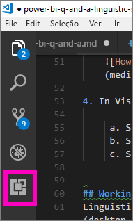 Captura de ecrã do menu à esquerda no Visual Studio Code com o ícone de Extensões destacado.
