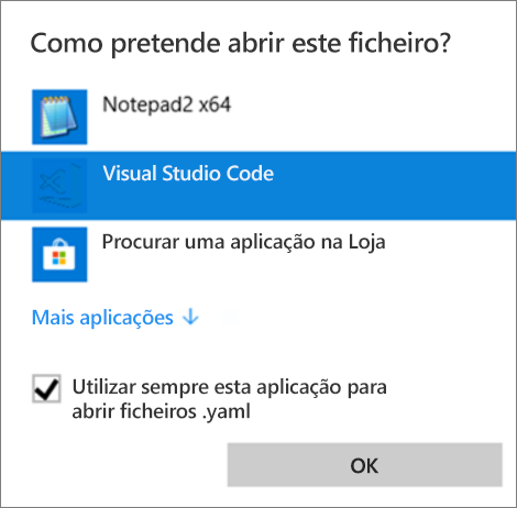 Captura de ecrã do diálogo que mostra uma lista de programas para abrir o ficheiro. Visual Studio Code e Always estão destacados.