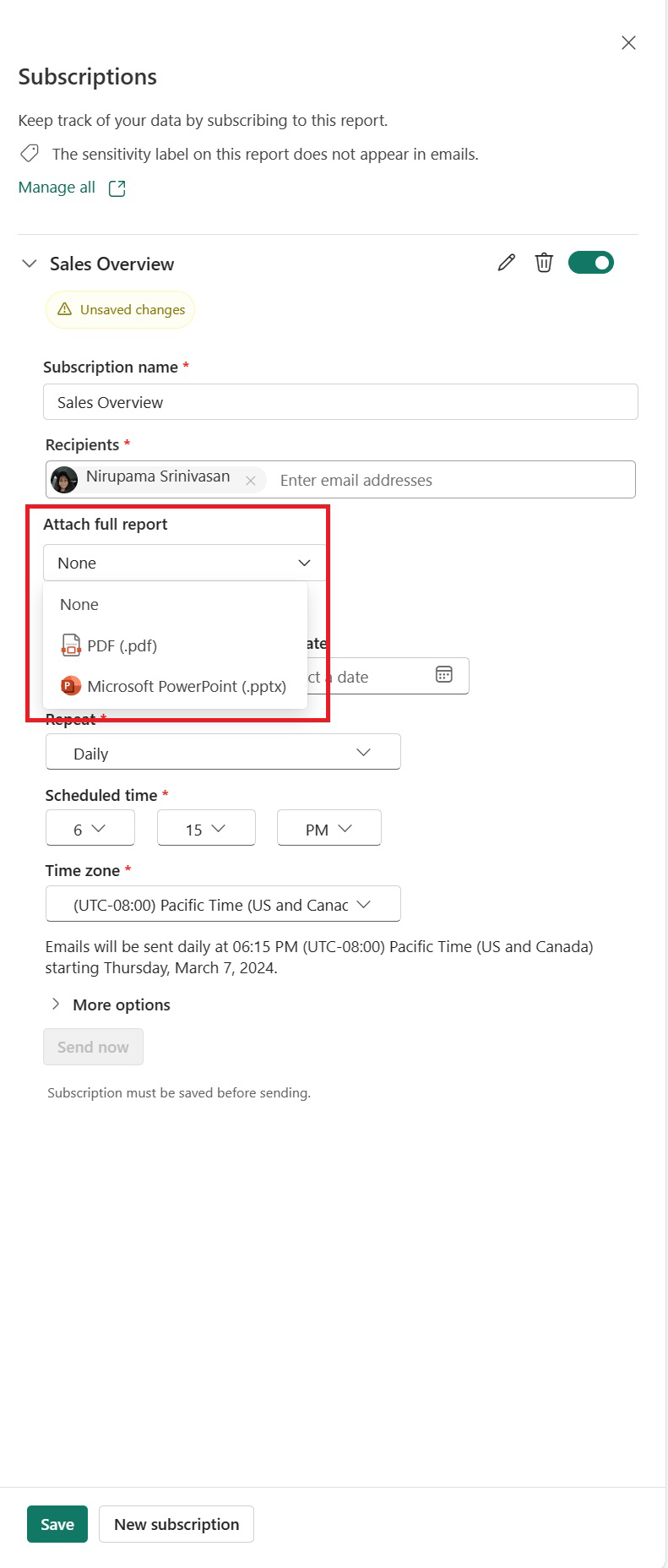 Captura de ecrã apresentada no painel Subscrições, selecione a opção Anexar relatório completo.