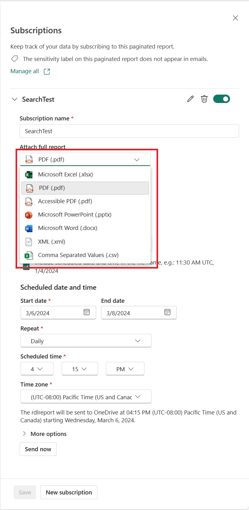 Captura de ecrã a mostrar no painel Subscrições, selecione o formato para o relatório completo.