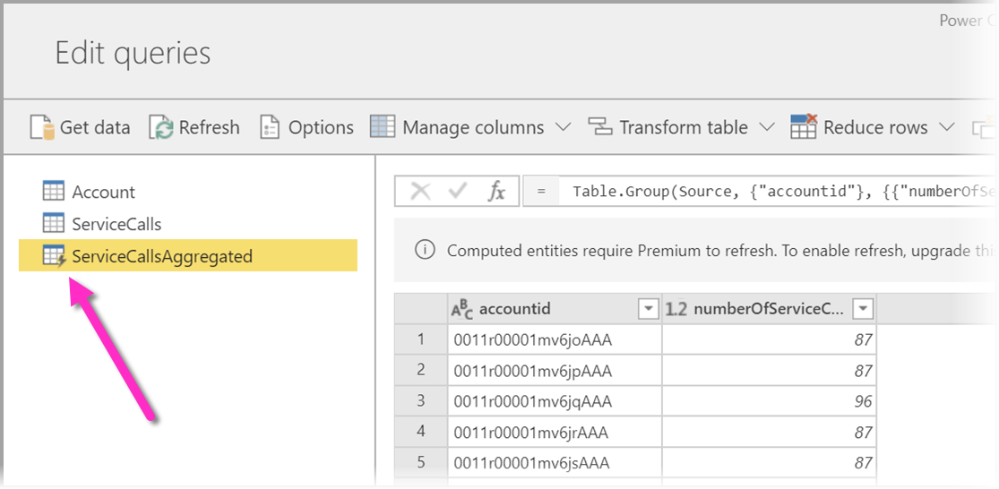 Screenshot of a Power Query Editor, highlighting a table that is being edited.