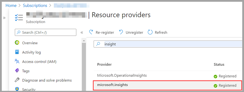 A captura de tela dos provedores de recursos no painel principal com Microsoft.insights está registrada.