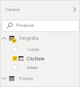 Screenshot of Power BI Desktop showing CityState checked in the Geography filter in the Fields view.
