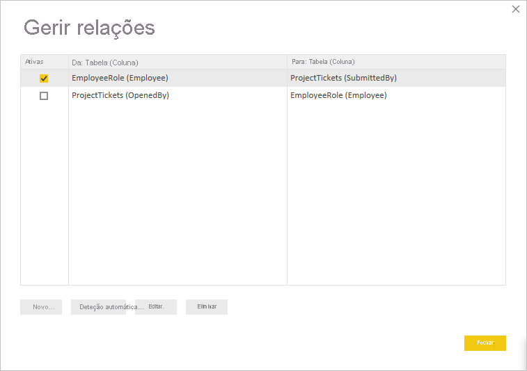 Screenshot of changing the active relationship in the Manage relationship dialog box.