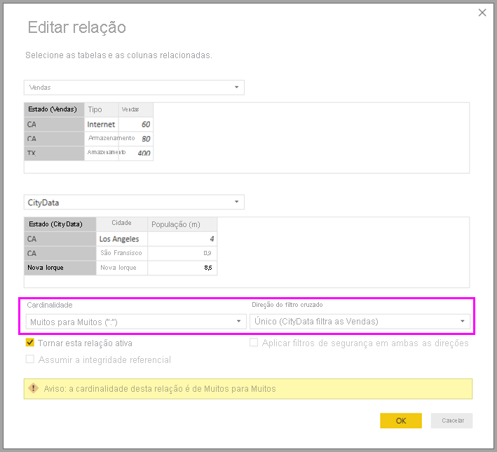 Screenshot of a many-to-many relationship in the Edit relationship pane.