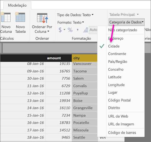 Screenshot of the data icon in Power BI Desktop with the City column highlighted.