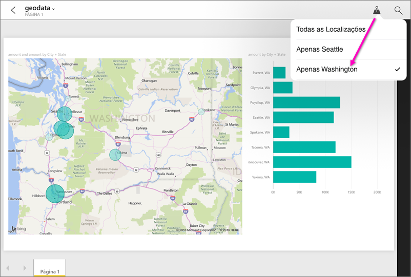 Screenshot of a report in the Power BI app highlighting the geographic filter.