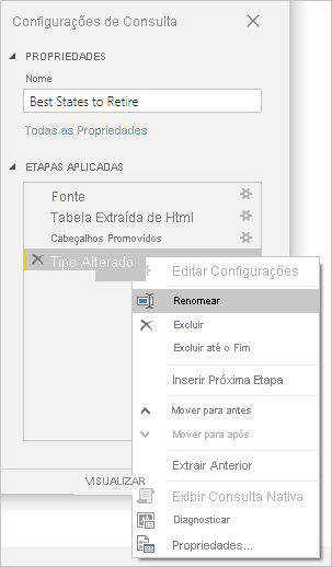 Captura de ecrã a mostrar Power BI Desktop a mostrar as Propriedades das Definições de Consulta e os filtros passos aplicados.