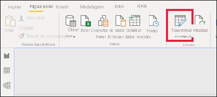 Captura de ecrã a mostrar Power BI Desktop com o ícone transformar dados realçado.