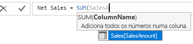 Captura de ecrã a mostrar a seleção de SalesAmount para a fórmula SOMA.