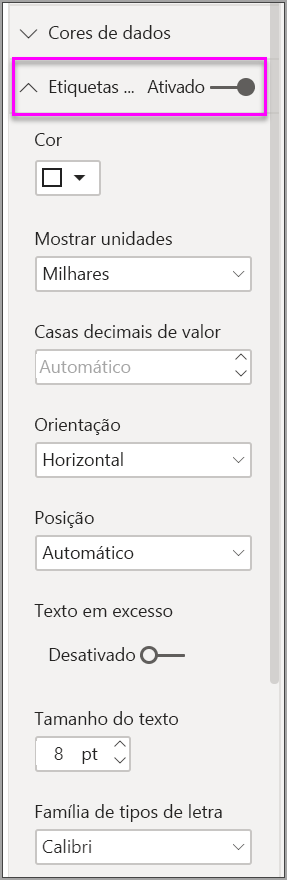 Screenshot that shows formatting options for data labels in Power BI.