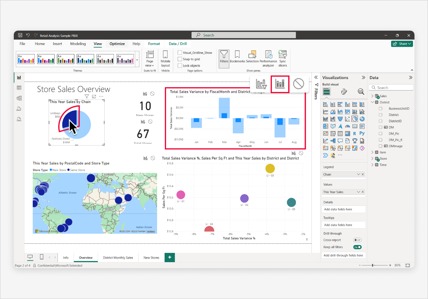 Captura de ecrã do Power BI a mostrar realce cruzado em ação com uma fatia selecionada no gráfico circular a realçar partes do gráfico de colunas.