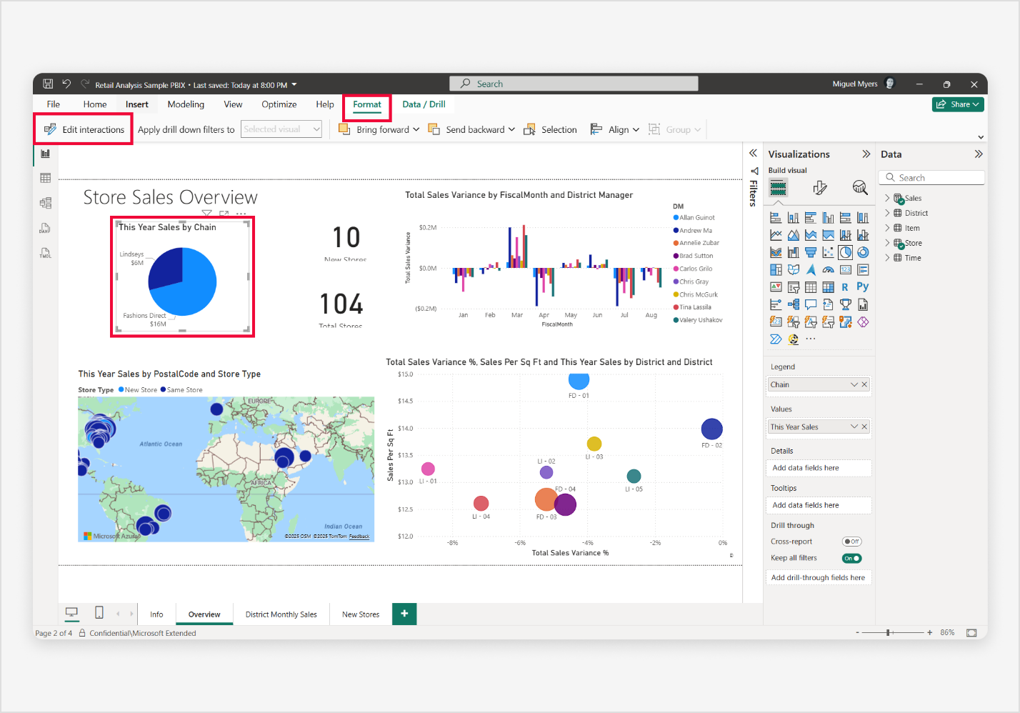 Captura de ecrã do Power BI a mostrar o friso Formatar com a opção Ativar interações selecionada.
