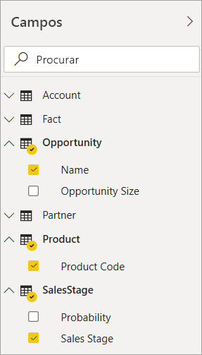 Screenshot showing the selection of the Name, Product Code, and Sales Stage fields.