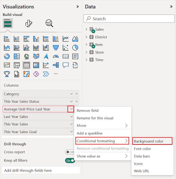 Screenshot that shows how to open the Conditional formatting menu for a selected column in the Visualizations pane.