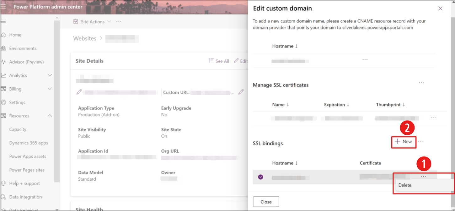 Uma captura de ecrã do centro de administração do Power Platform com a opção de eliminar enlaces SSL e adicionar um novo certificado SSL enfatizado.