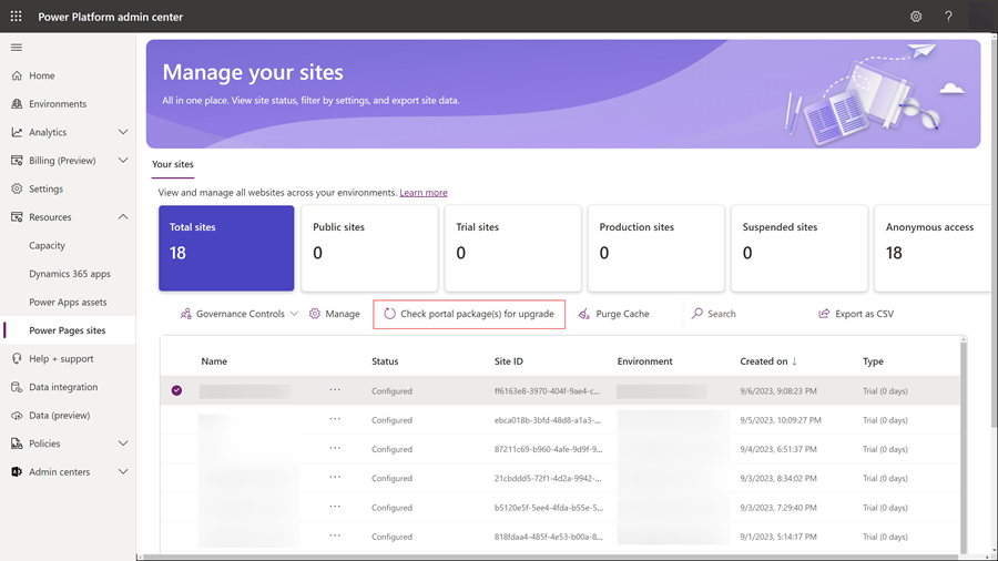 Procurar pacotes de portal para atualizar.