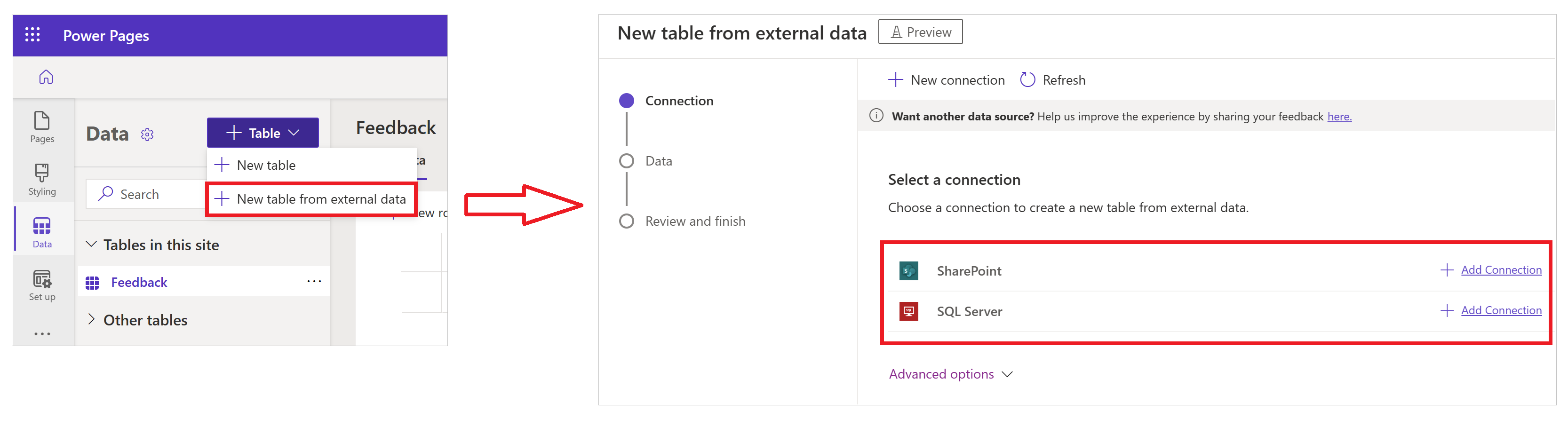 Criar tabela virtual utilizando o estúdio de design do Power Pages a partir da área de trabalho Dados