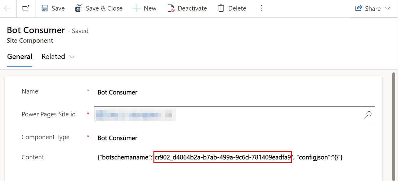 Captura de ecrã das opções gerais para Consumidor de Bot com o valor JSON **botschemaname** enfatizado.