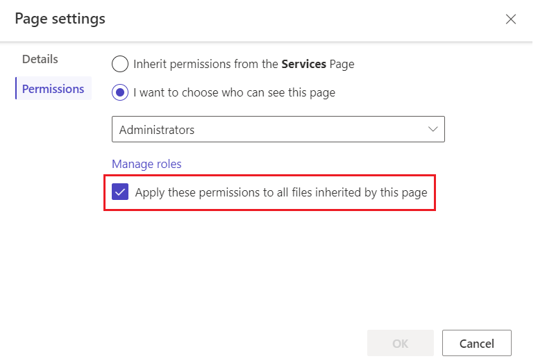 Captura de ecrã das permissões de página, com a definição Herdar permissões para ficheiros realçada.