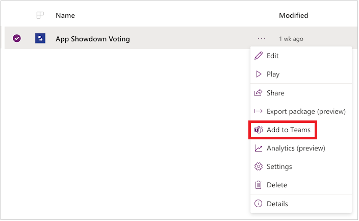 Opção Adicionar ao Teams no Power Apps
