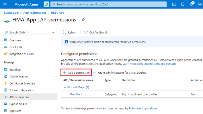 Captura de ecrã da adição de permissões de API à aplicação.