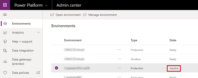 Captura de ecrã de uma lista de ambientes no centro de administração do Power Platform, com um ambiente inativo realçado.