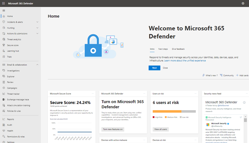 Página do Microsoft 365 Defender.