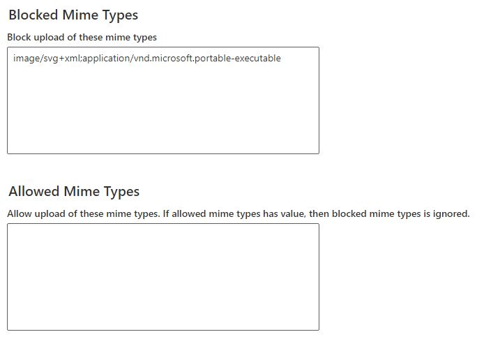 Captura de ecrã de tipos MIME bloqueados nas definições de privacidade do ambiente do Dataverse.