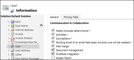 Selecionar integração com o OneNote para uma entidade Selecionar integração com o OneNote para uma entidade.