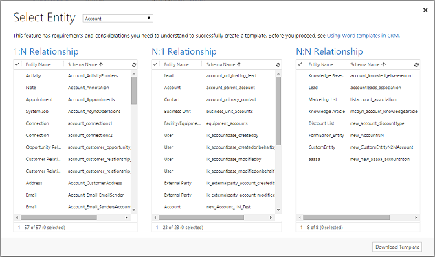 Selecionar entidades para o modelo do Word.