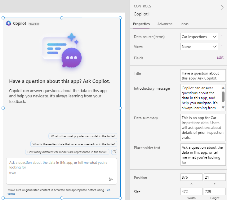 Captura de ecrã do Power Apps a mostrar um Copilot adicionado a uma aplicação de tela.