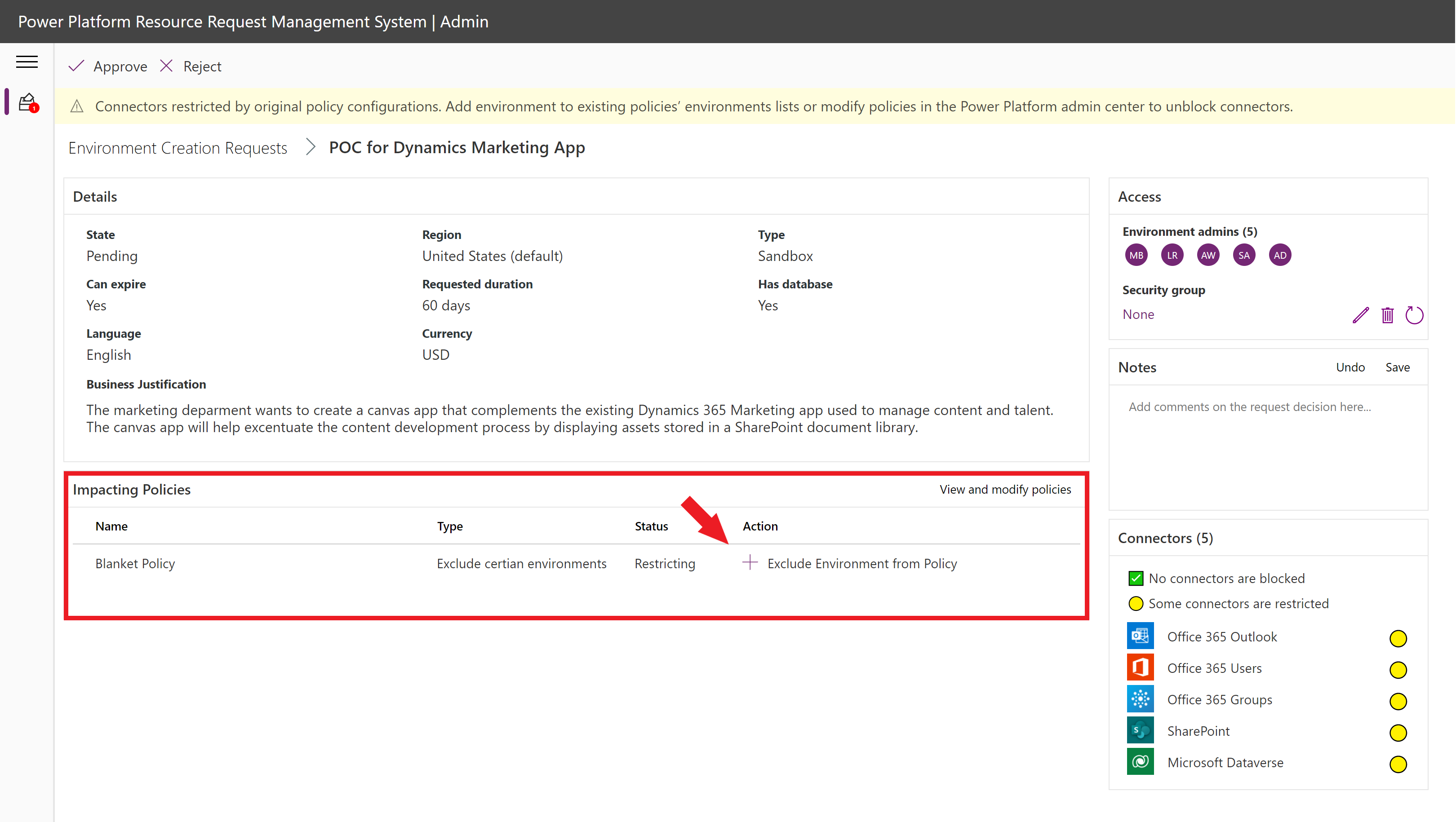 Captura de ecrã a mostrar uma ação de modificação da política.