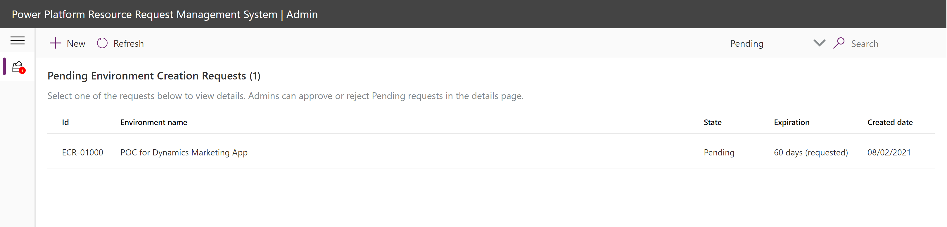 Captura de tela mostrando um único item aguardando revisão nas Solicitações de Criação de Ambiente Pendente.