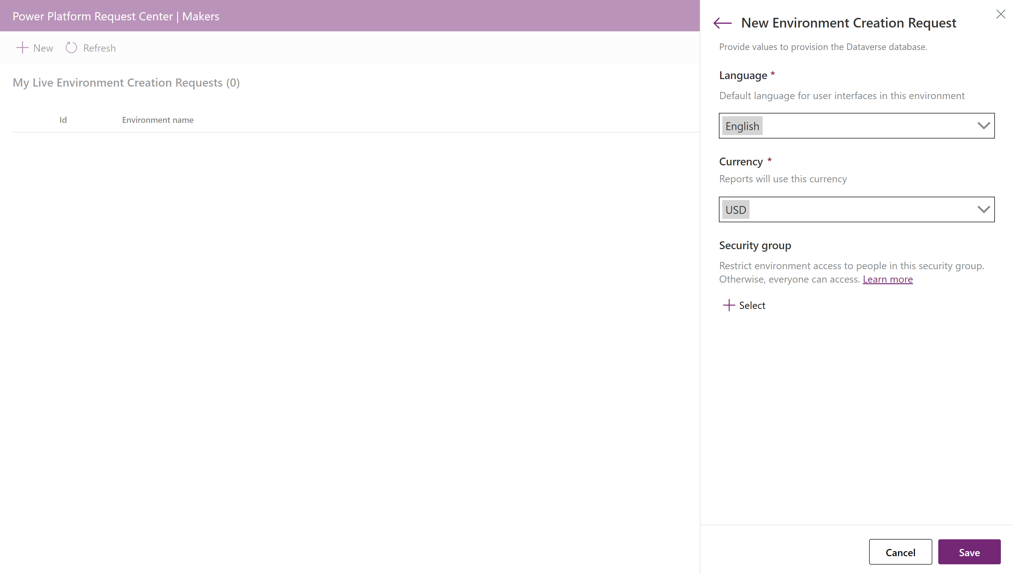 Captura de tela mostrando o painel Solicitação de Criação de Novo Ambiente onde você escolhe as configurações de idioma e moeda.