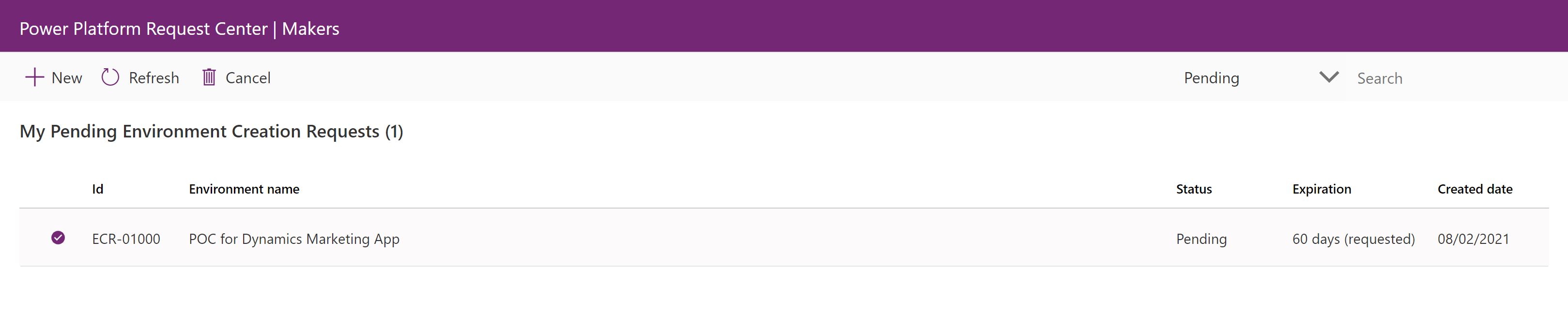 Captura de ecrã a mostrar um único item na página Os Meus Pedidos Pendentes de Criação de Ambiente.