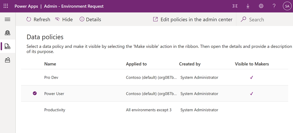 Captura de tela mostrando onde selecionar uma política para torná-la visível para os criadores.