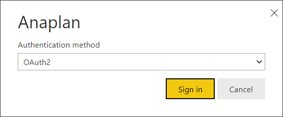 A caixa de diálogo Método de autenticação Anaplan com uma lista suspensa e o botão Entrar.