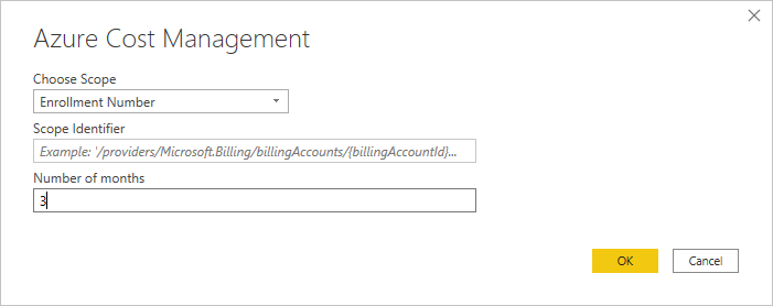 A captura de tela mostra as propriedades do Azure Cost Management com um escopo de Número de inscrição.