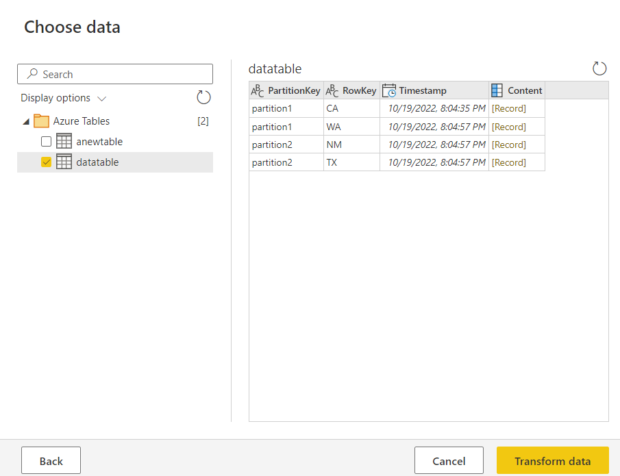 Captura de ecrã da janela de escolha de dados do Armazenamento de Tabela do Azure no Power Query online.