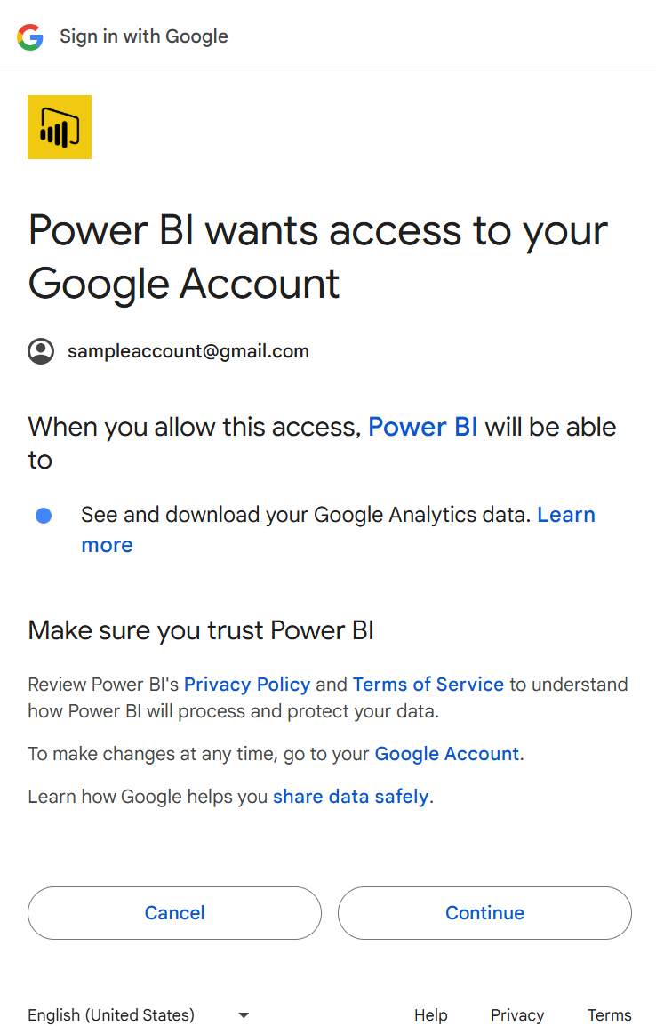 Captura de ecrã onde permite o acesso à sua conta Google a partir do Power Query Online.