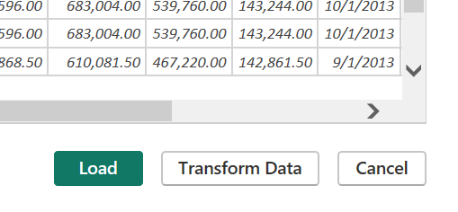 Captura de ecrã dos botões de carregar ou transformar dados.